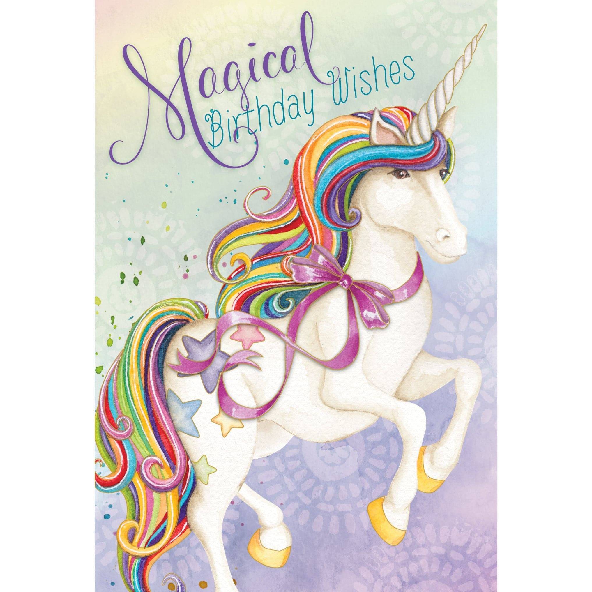 Colorful unicorn birthday card from Pictura featuring festive designs, perfect for celebrating special occasions.